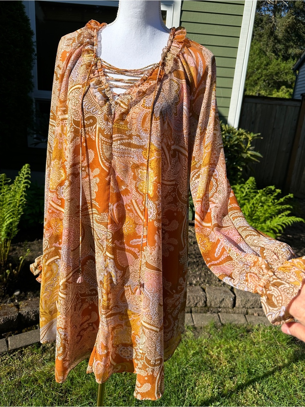 Haute Hippie retro burnt orange Floral trapeze chiffon dress - Picture 5 of 11